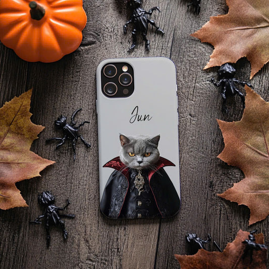 Custom Pet Phone Case Using Pet Photo With Halloween Costume (Dracula or Witch) + Name