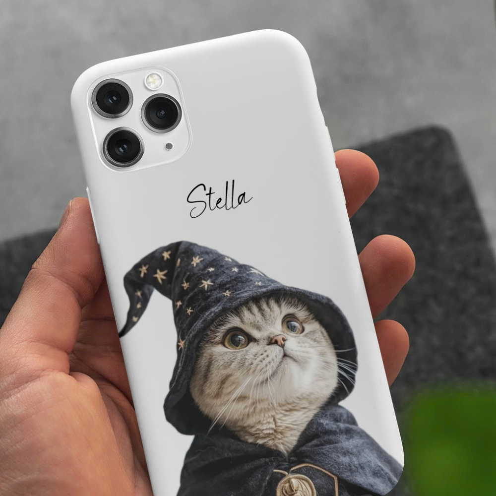 Custom Pet Phone Case Using Pet Photo With Halloween Costume (Dracula or Witch) + Name