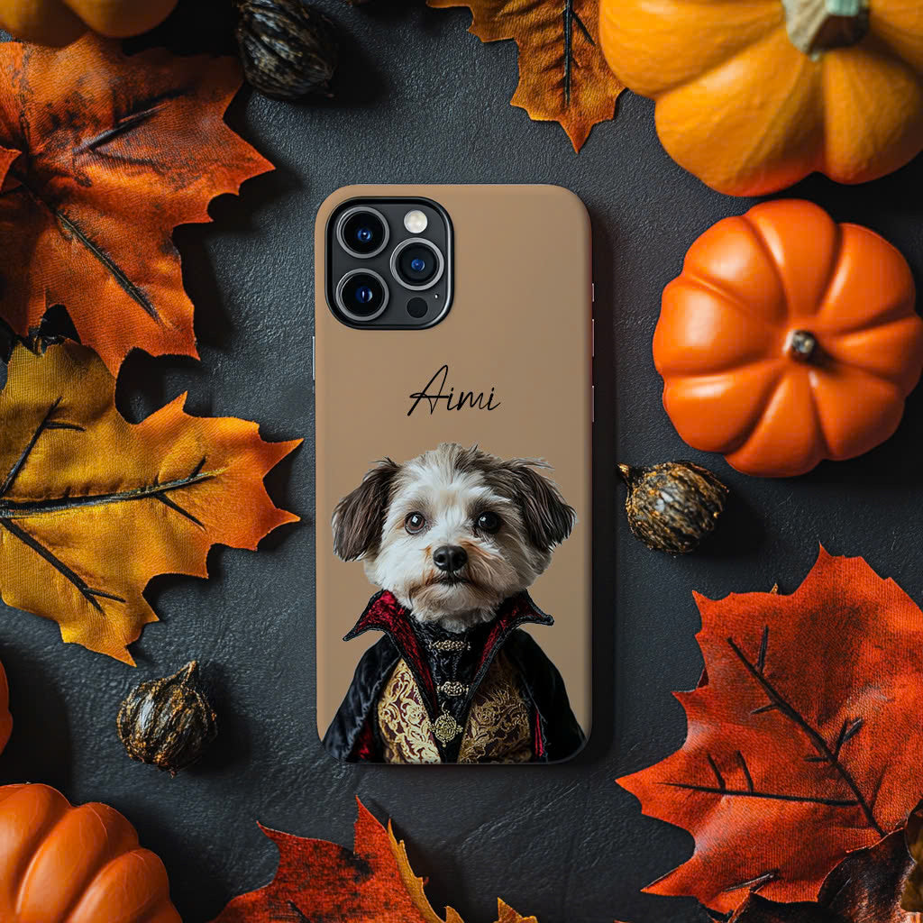 Custom Pet Phone Case Using Pet Photo With Halloween Costume (Dracula or Witch) + Name