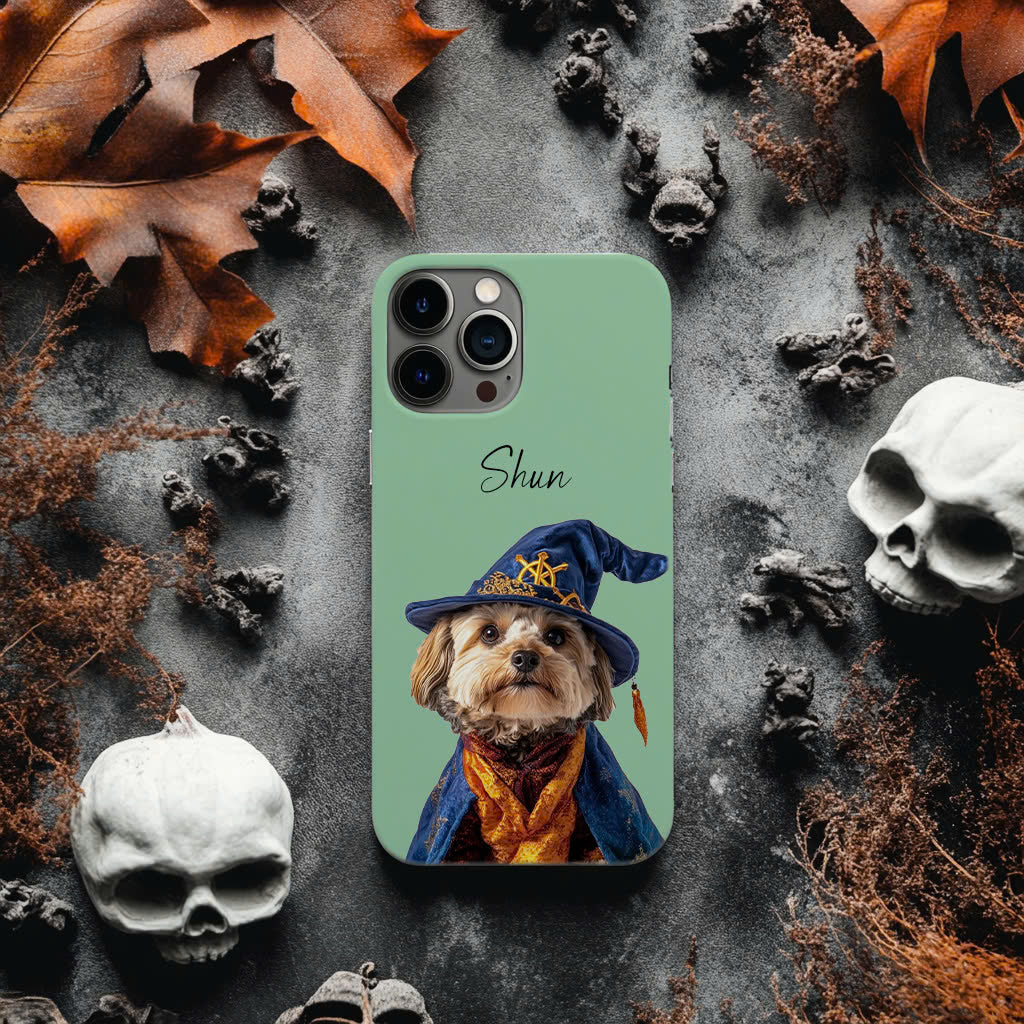 Custom Pet Phone Case Using Pet Photo With Halloween Costume (Dracula or Witch) + Name