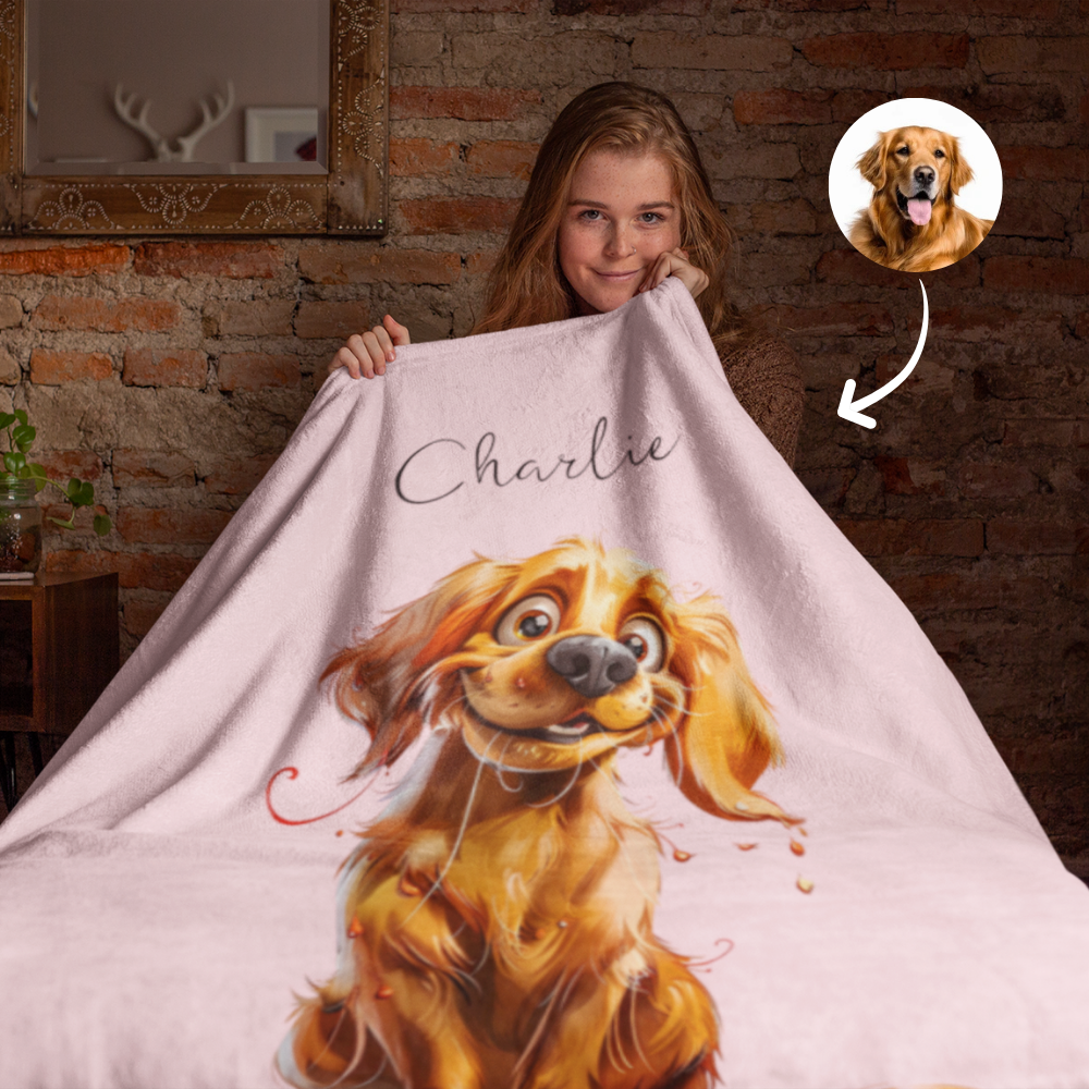 Personalized Pet Blanket With Pet Portrait In Caricature Style