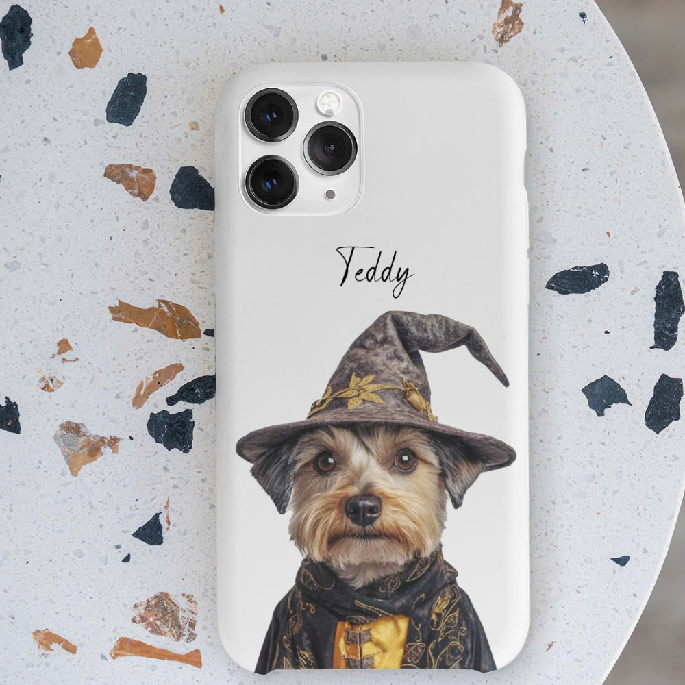 Custom Pet Phone Case Using Pet Photo With Halloween Costume (Dracula or Witch) + Name